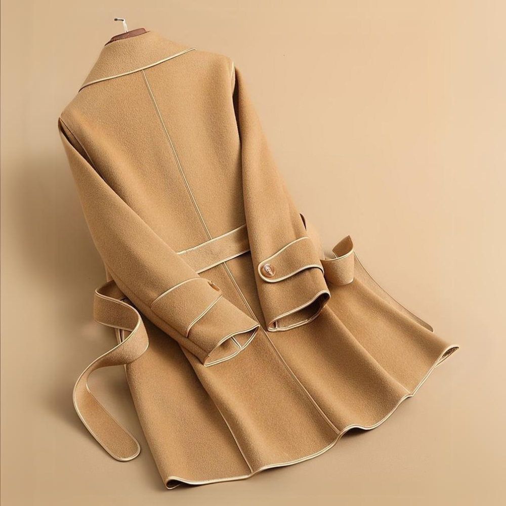 Women's longline belted trench coat with wide lapels and contrast edging