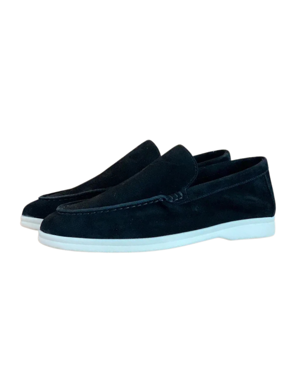 Men's slip-on loafers with rounded toes, stitched apron detailing and flat light-coloured soles