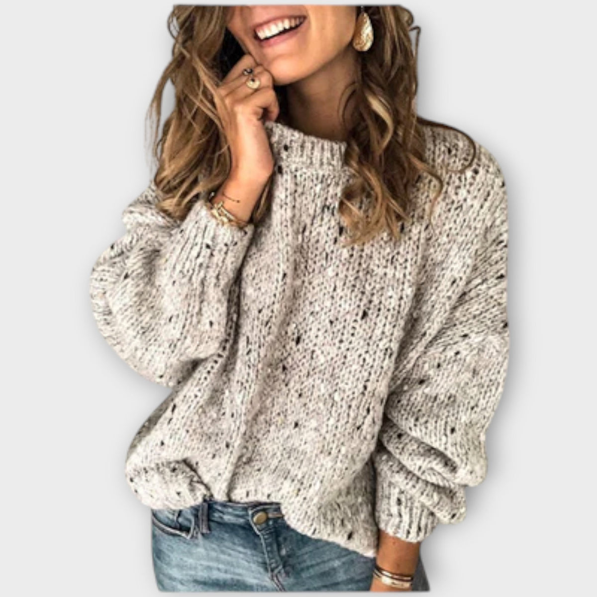 Women's textured knit jumper with crew neck and balloon sleeves