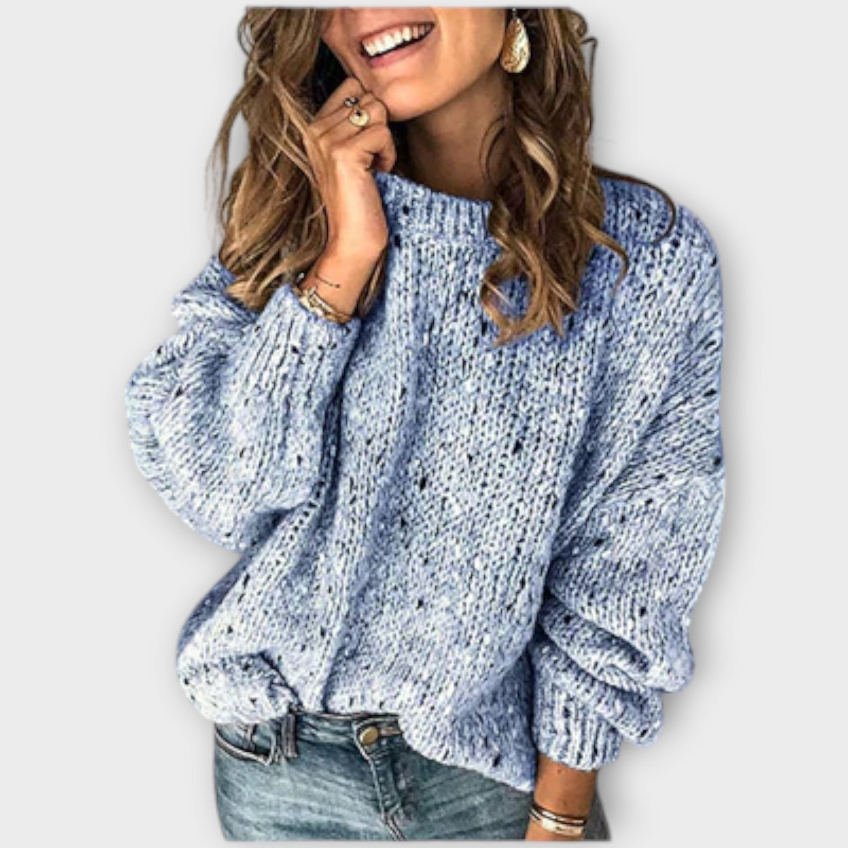 Women's textured knit jumper with crew neck and balloon sleeves