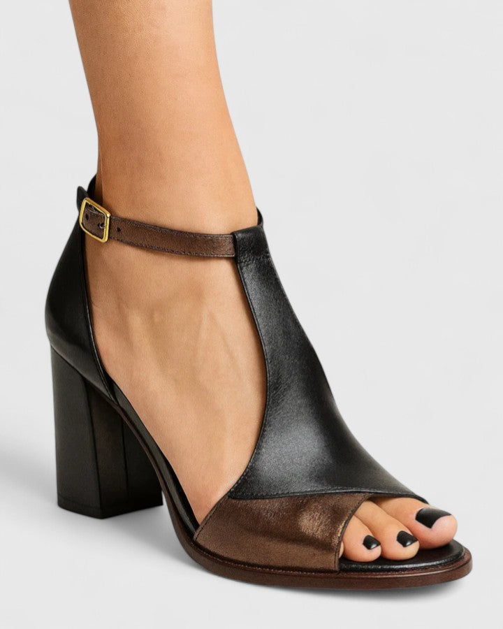 Women's black and bronze open-toe block heel sandals with ankle buckle strap