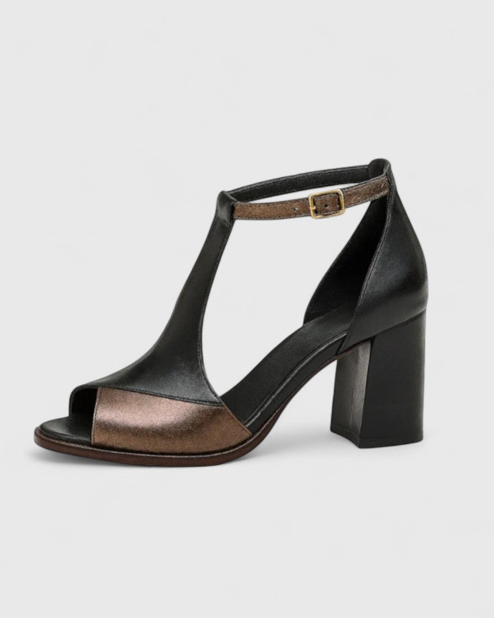 Women's black and bronze open-toe block heel sandals with ankle buckle strap