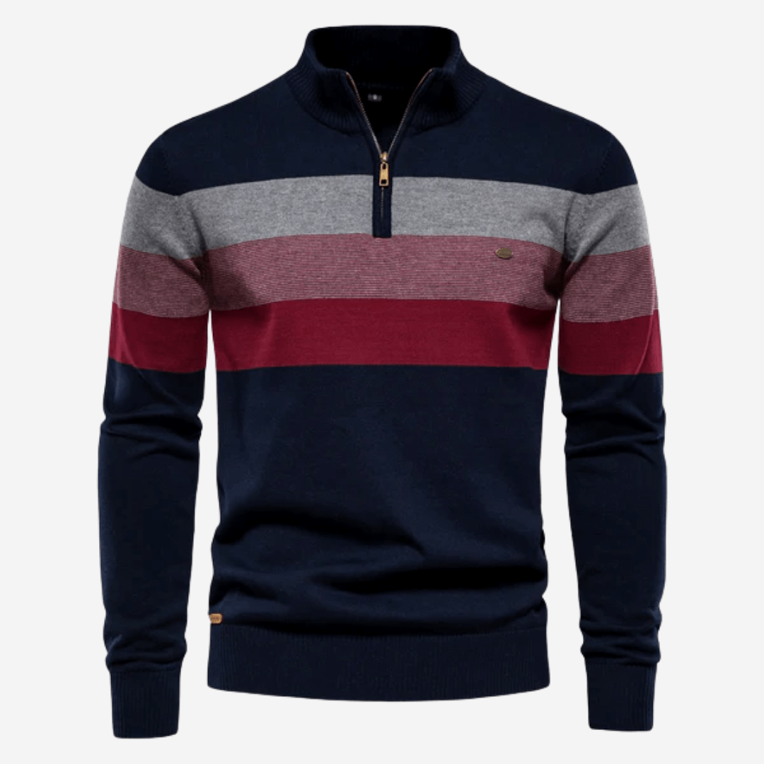 Men's striped quarter-zip sweater with mock neck and long sleeves