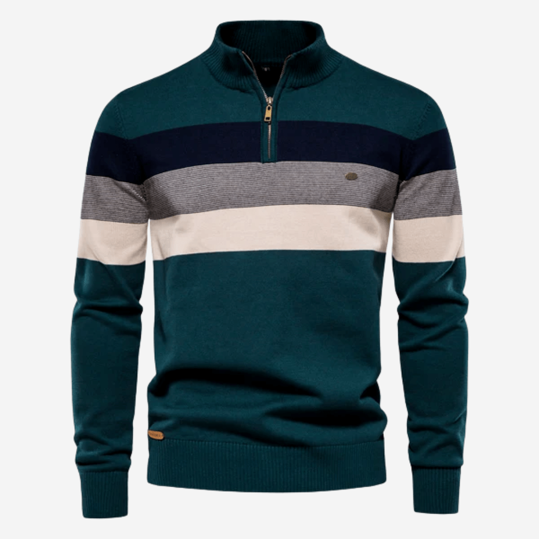 Men's striped quarter-zip sweater with mock neck and long sleeves