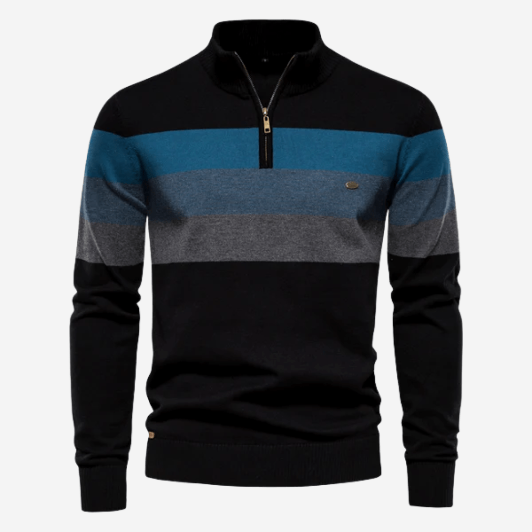 Men's striped quarter-zip sweater with mock neck and long sleeves
