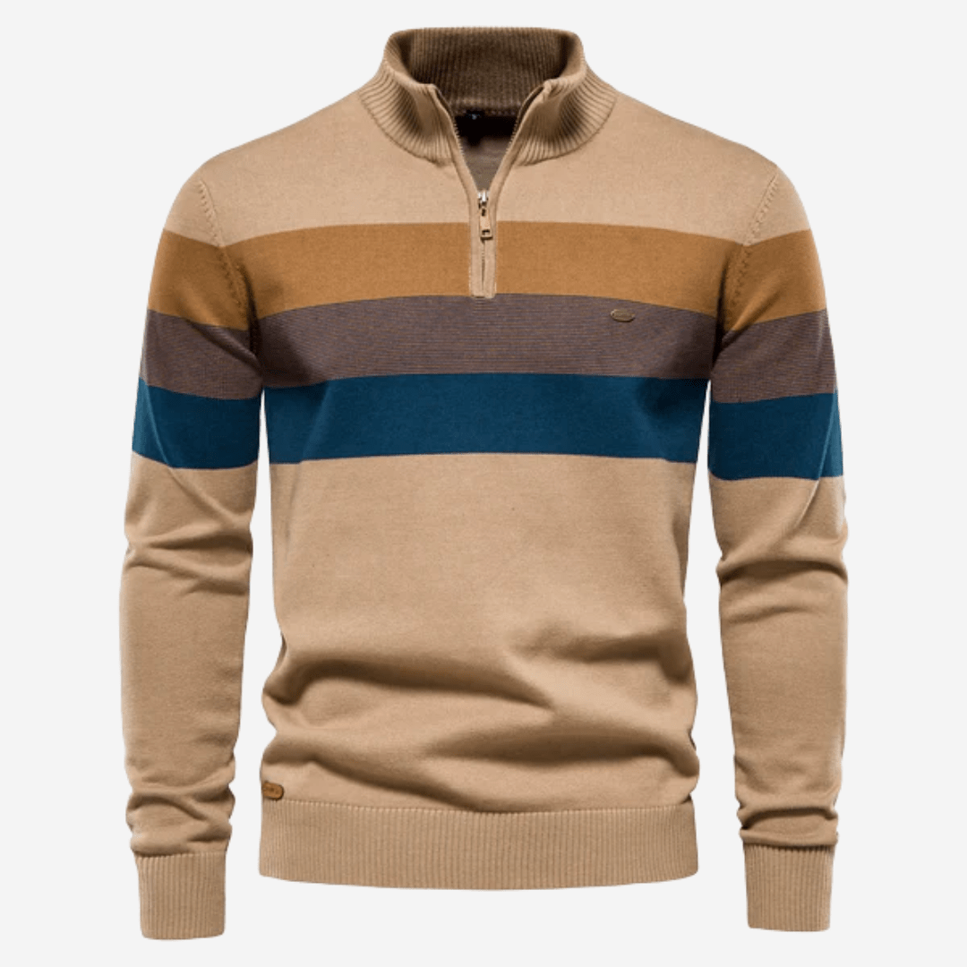 Men's striped quarter-zip sweater with mock neck and long sleeves