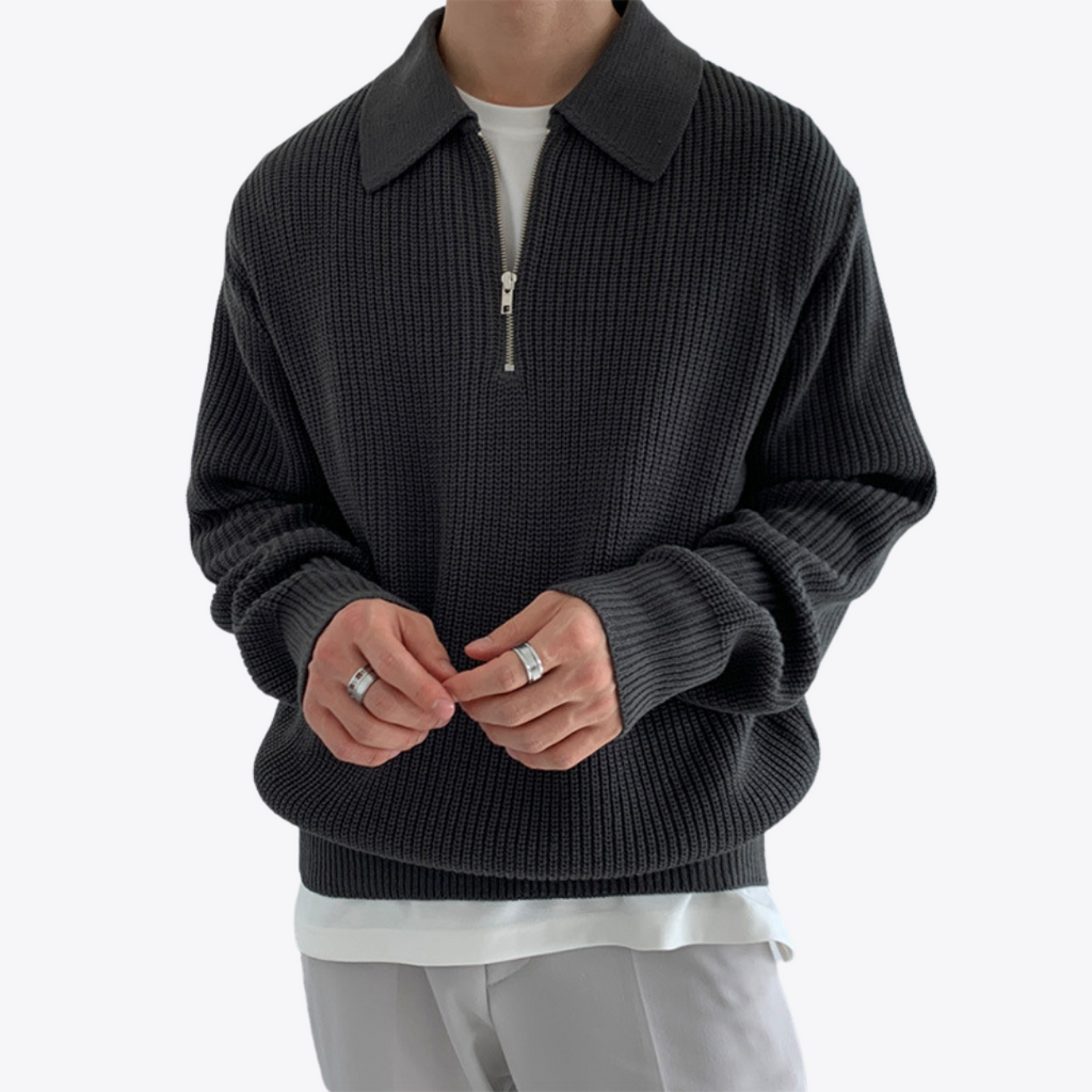 Men's ribbed quarter-zip sweater with collared neckline and long sleeves