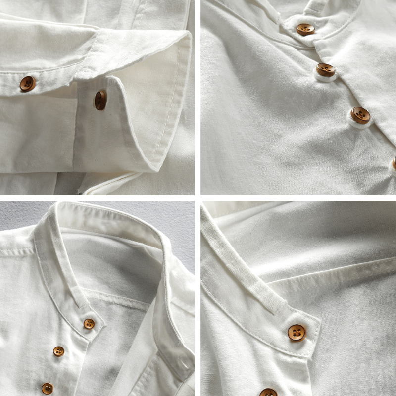 Men's long-sleeved Mandarin collar shirt with layered front panel and button fastening
