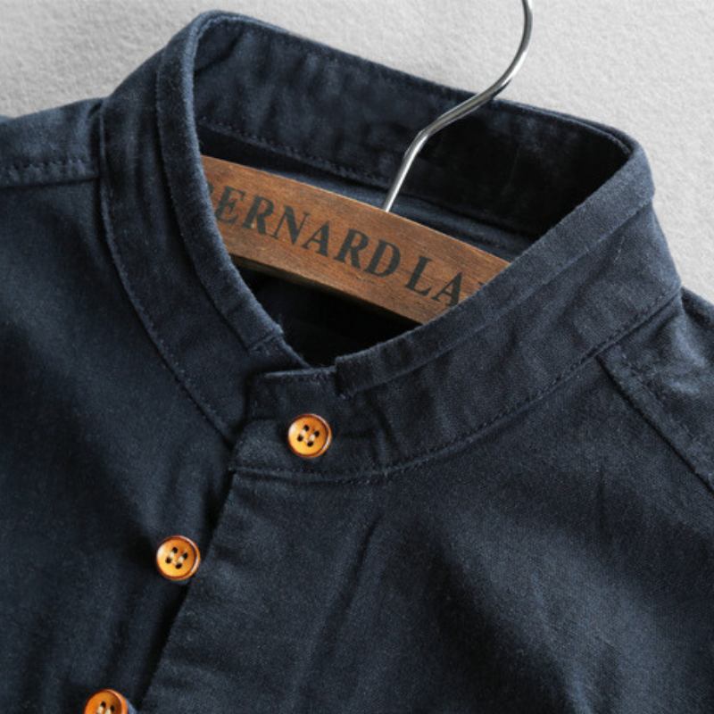 Men's long-sleeved Mandarin collar shirt with layered front panel and button fastening