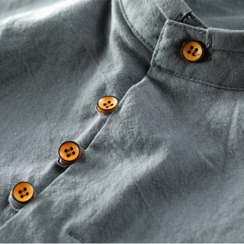 Men's long-sleeved Mandarin collar shirt with layered front panel and button fastening