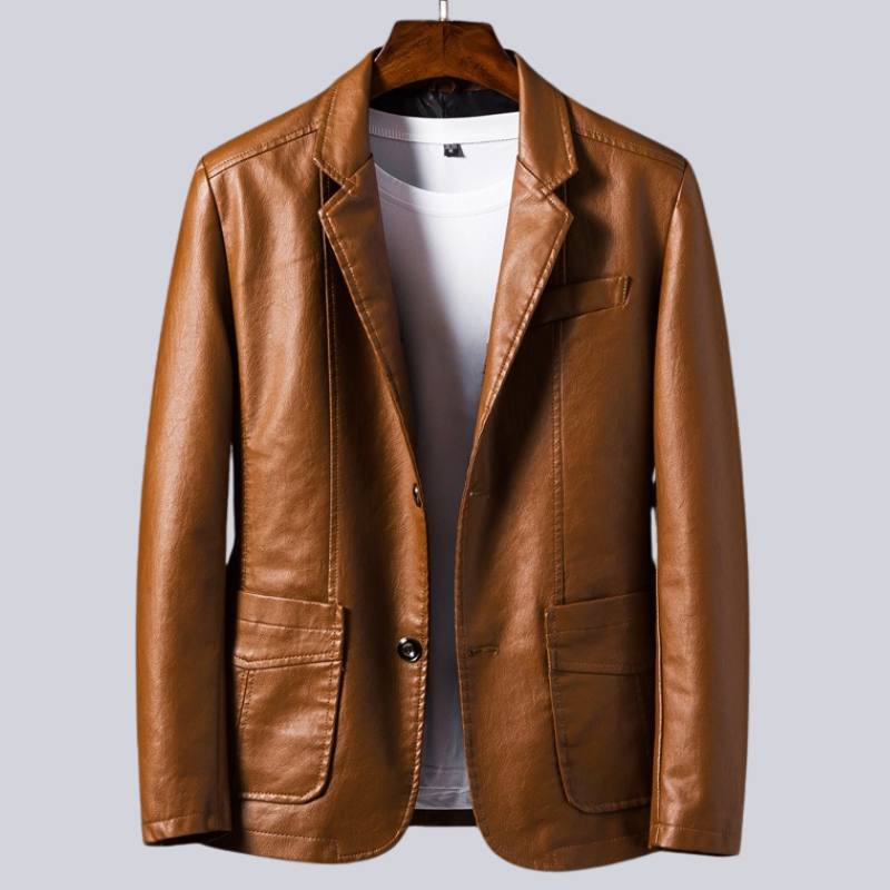 Men's button front jacket with notched lapels and patch pockets
