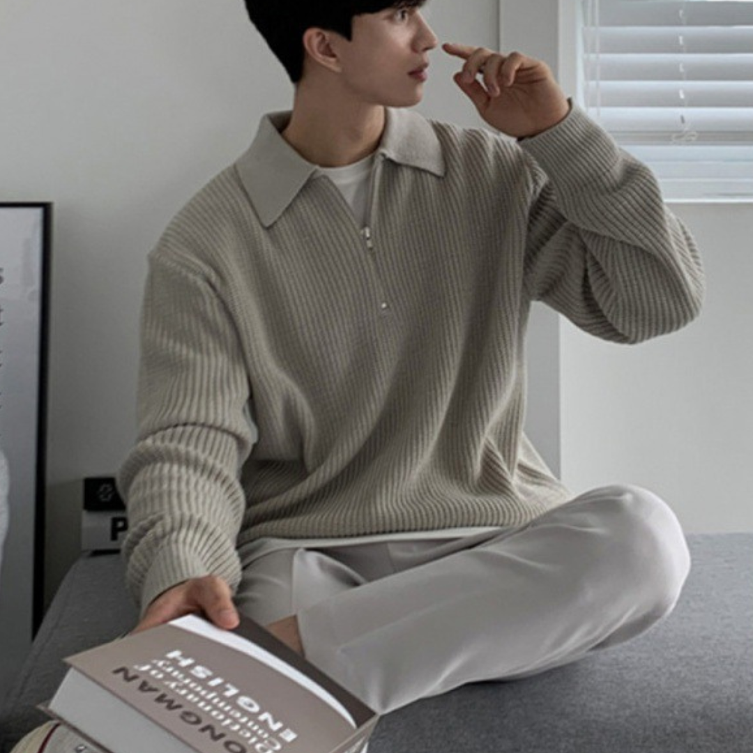 Men's ribbed quarter-zip sweater with collared neckline and long sleeves