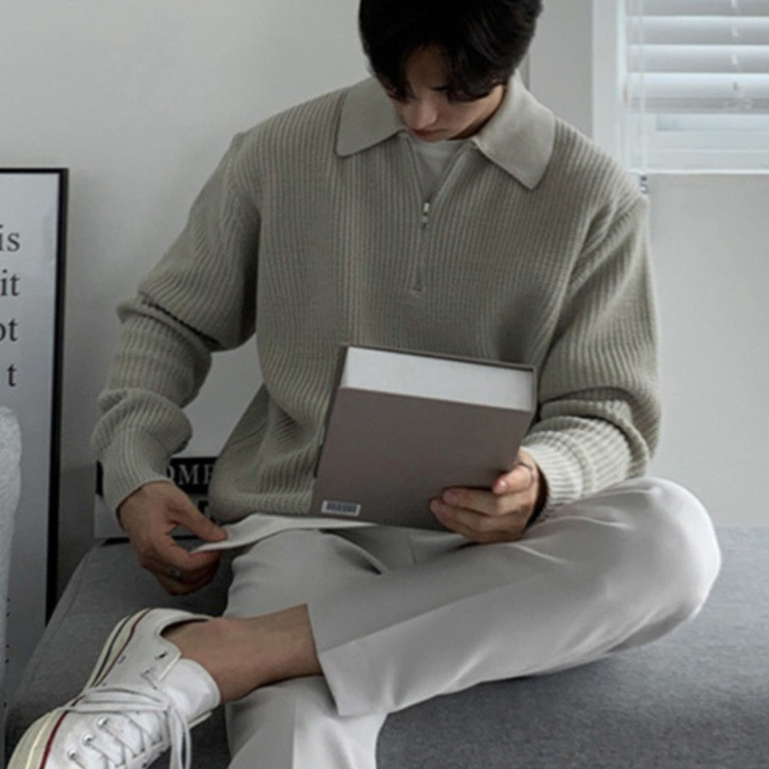 Men's ribbed quarter-zip sweater with collared neckline and long sleeves