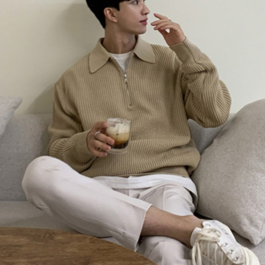 Men's ribbed quarter-zip sweater with collared neckline and long sleeves
