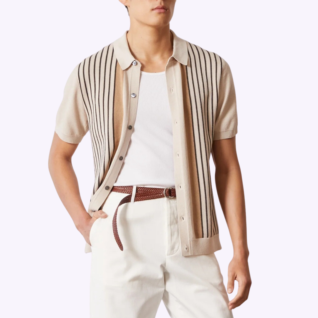Men's striped knitted polo shirt with short sleeves and button front