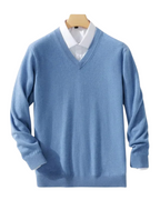 Men's plain V-neck jumper with long sleeves and ribbed trims