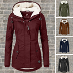 Women's hooded parka jacket with fleece-lined hood and front pockets