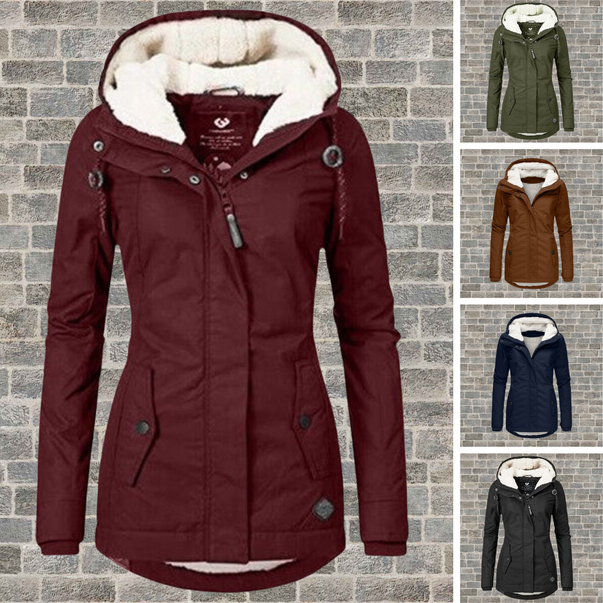 Women's hooded parka jacket with fleece-lined hood and front pockets