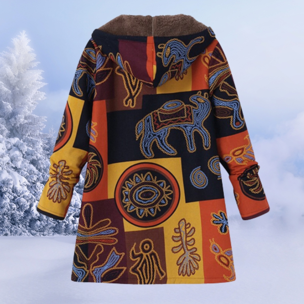 Women's floral hooded long coat with zip front and long sleeves