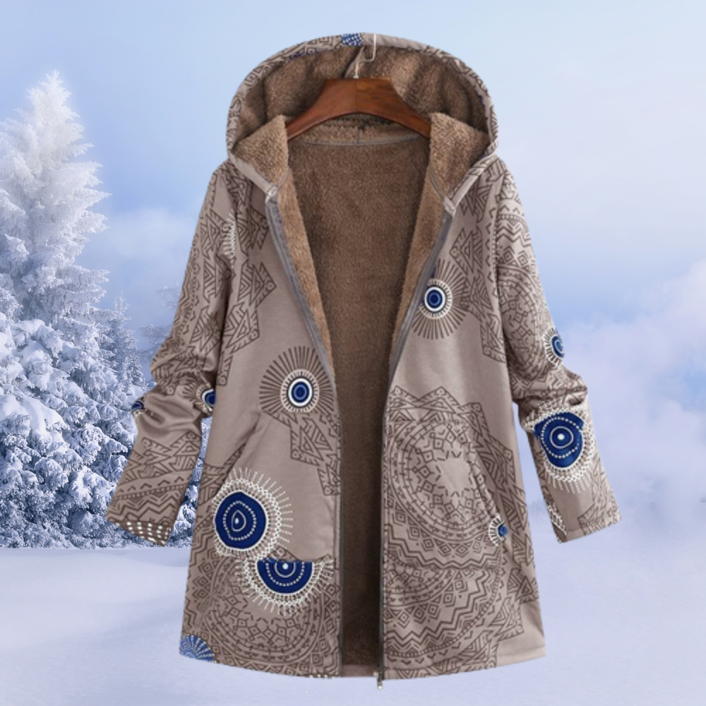 Women's floral hooded long coat with zip front and long sleeves