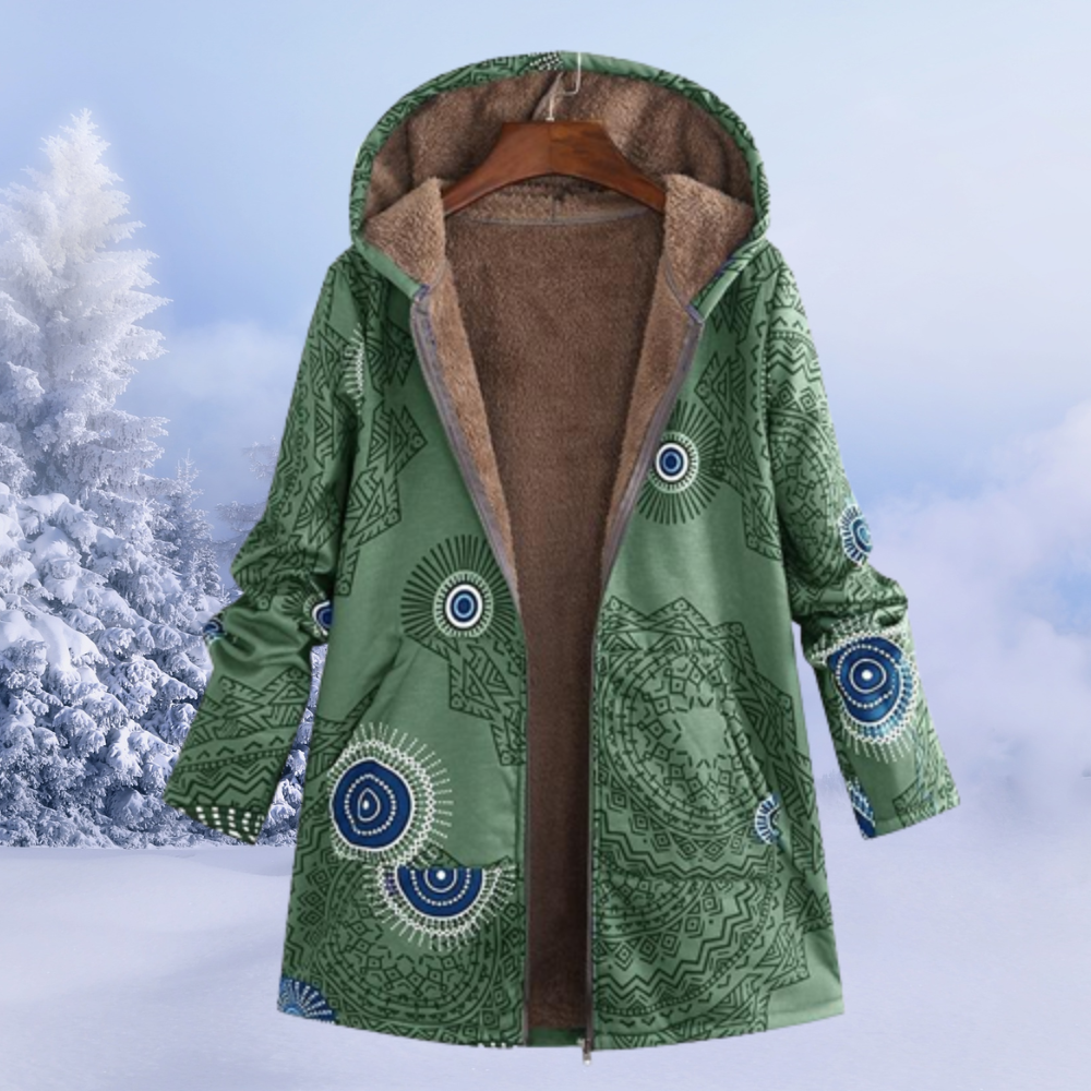 Women's floral hooded long coat with zip front and long sleeves