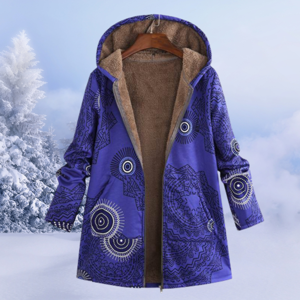 Women's floral hooded long coat with zip front and long sleeves