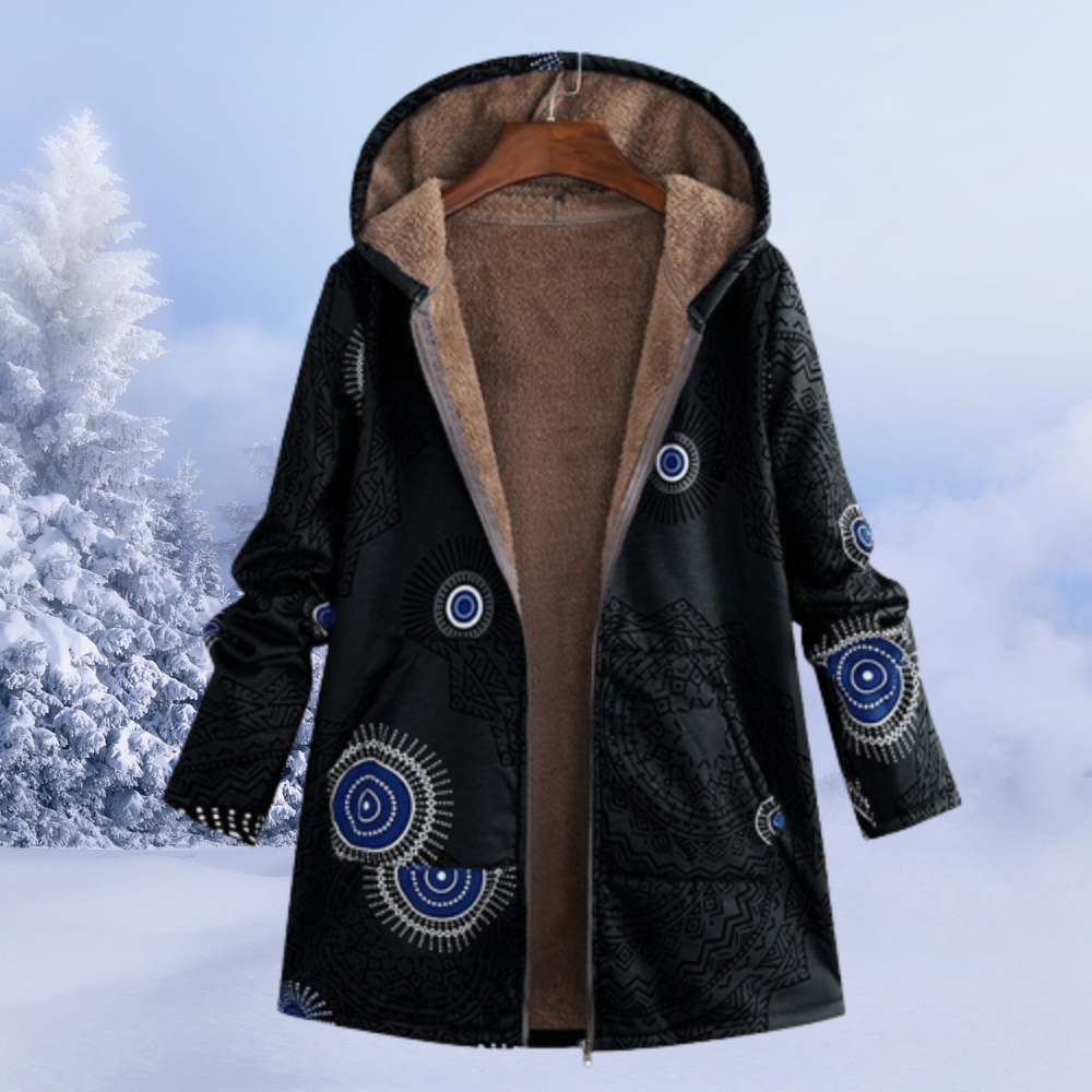 Women's floral hooded long coat with zip front and long sleeves