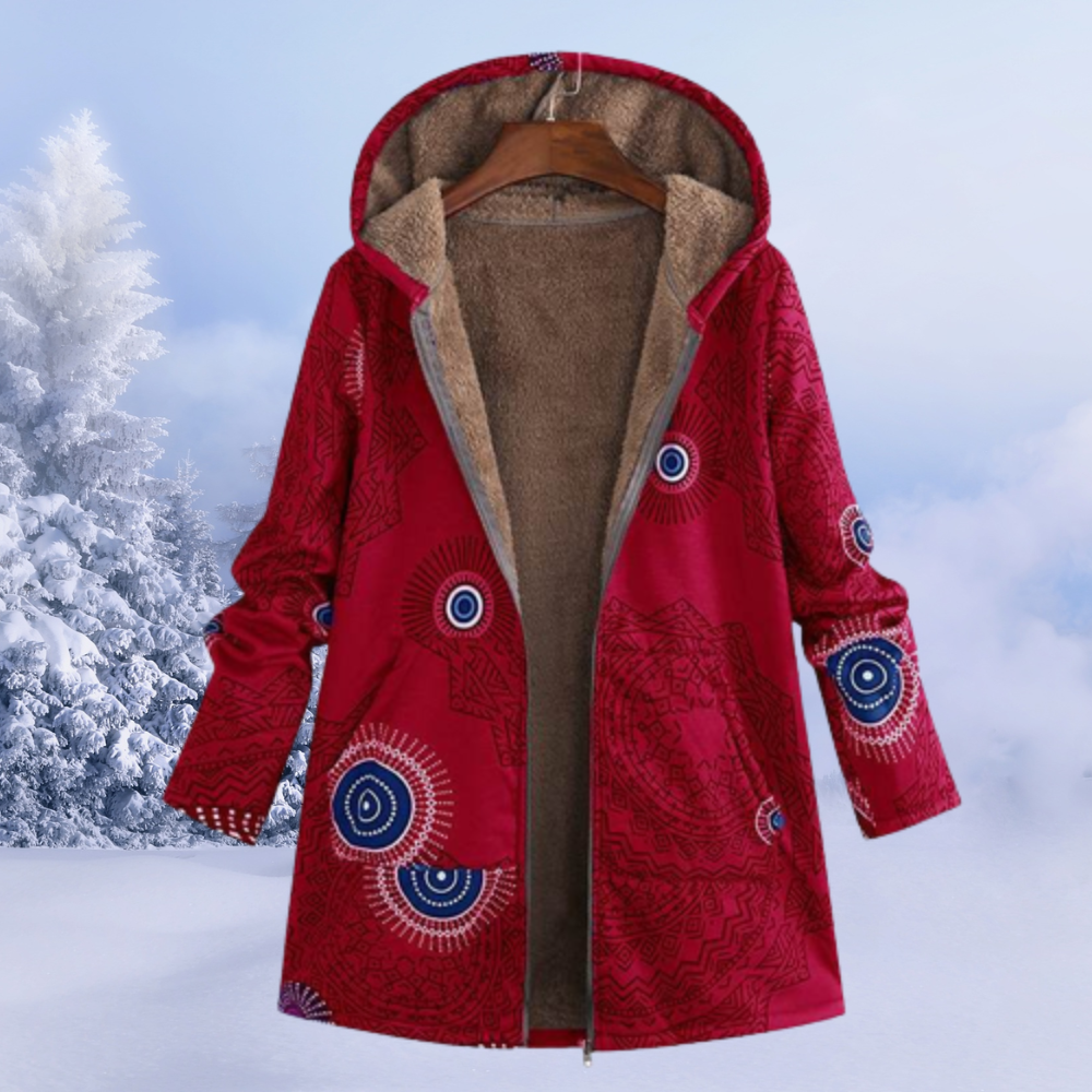 Women's floral hooded long coat with zip front and long sleeves