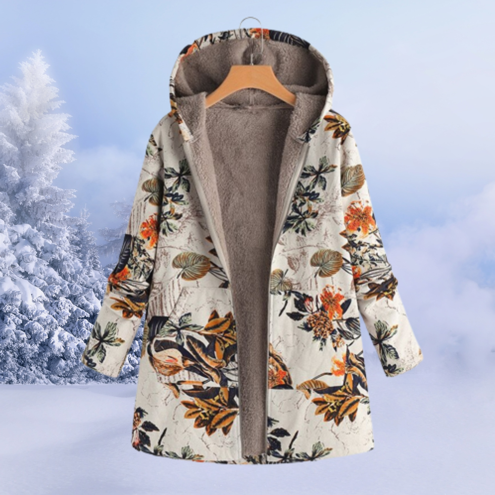 Women's floral hooded long coat with zip front and long sleeves