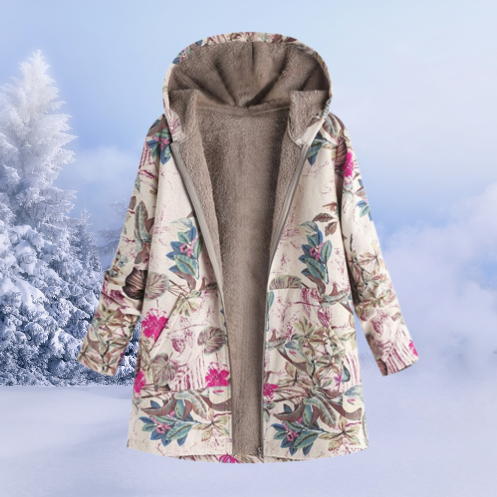 Women's floral hooded long coat with zip front and long sleeves