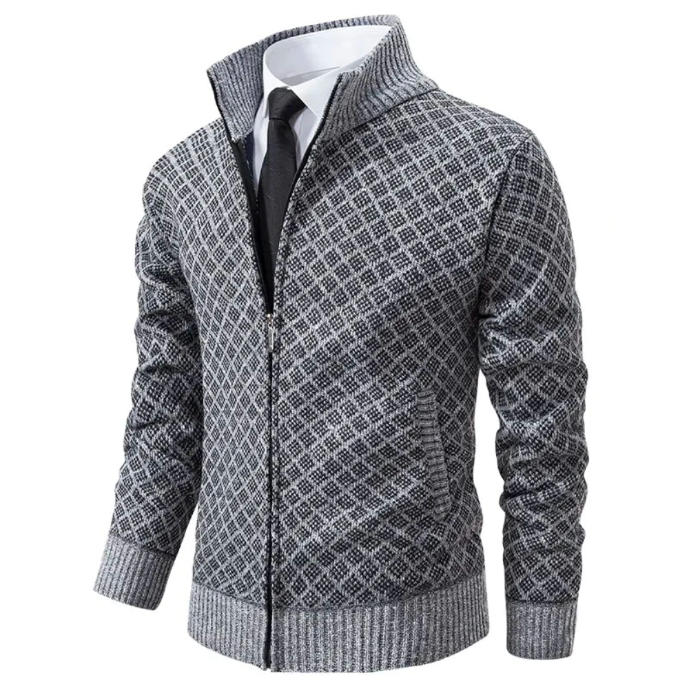 Men's geometric diamond-pattern zip-up jumper with mock neck collar and long sleeves