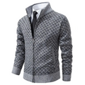 Men's geometric patterned zip sweater jacket with stand collar and ribbed trims