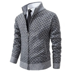Men's geometric patterned zip sweater jacket with stand collar and ribbed trims