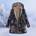 Women's floral hooded long coat with zip front and long sleeves