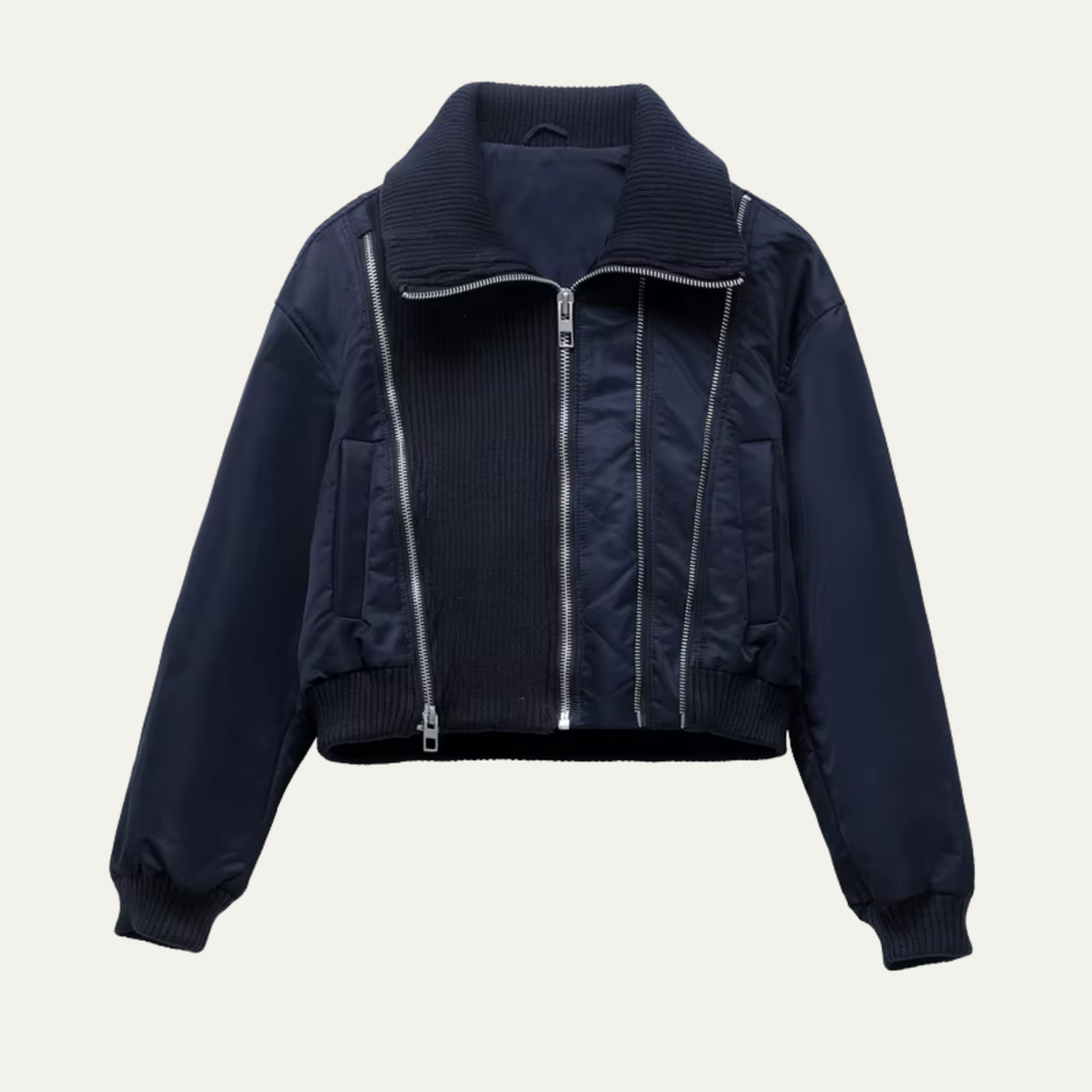 Women's navy cropped bomber jacket with ribbed collar and full zip