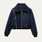 Women's navy cropped bomber jacket with ribbed collar and full zip