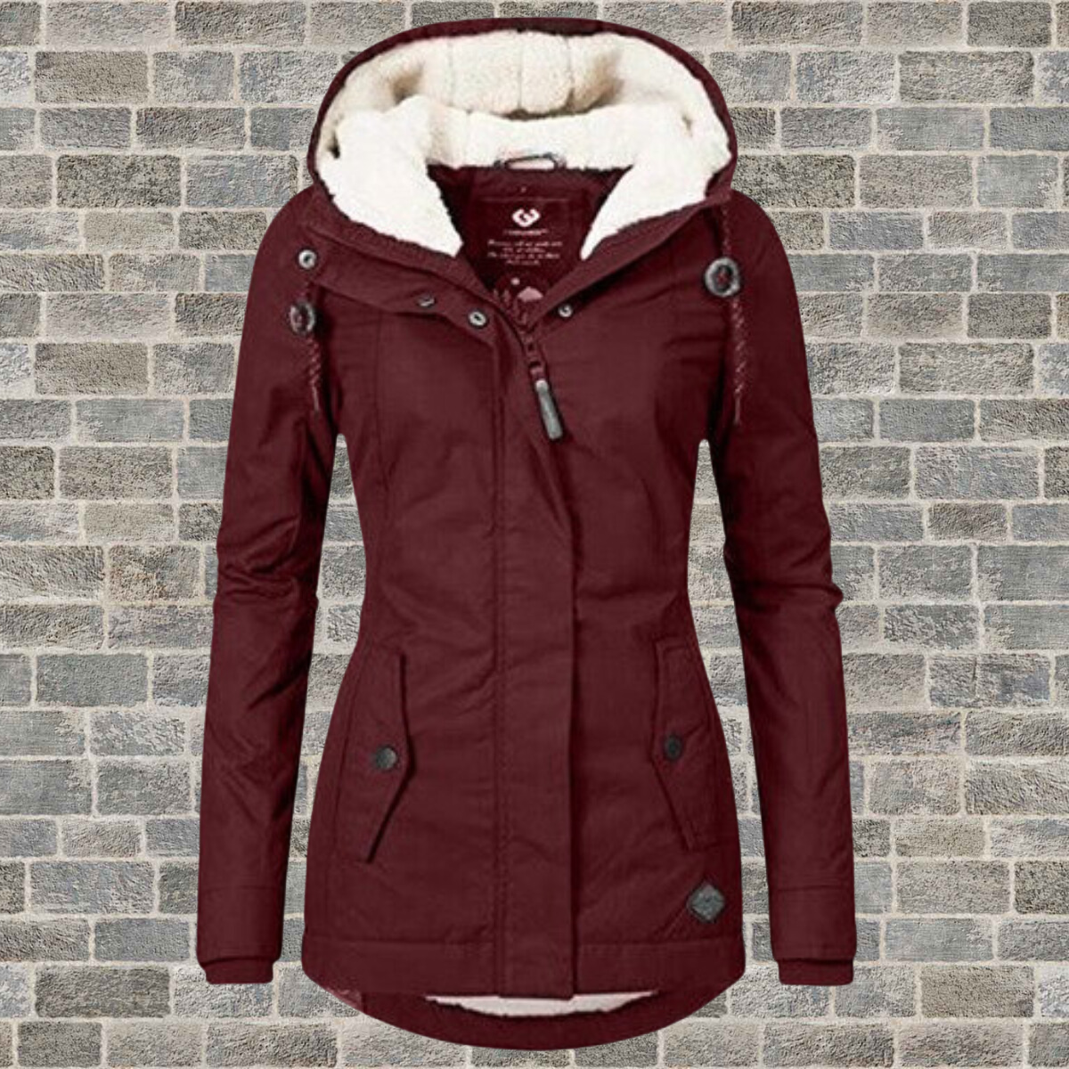 Women's hooded parka jacket with fleece-lined hood and front pockets