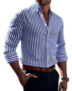 Men's striped shirt with Mandarin collar, button front and rolled sleeves