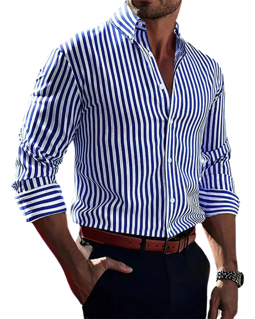 Men's striped shirt with Mandarin collar, button front and rolled sleeves