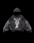 Dark graphic hoodie with hood, long sleeves, celestial artwork and kangaroo pocket