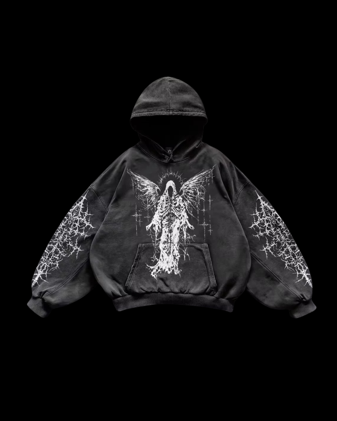 Dark graphic hoodie with hood, long sleeves, celestial artwork and kangaroo pocket