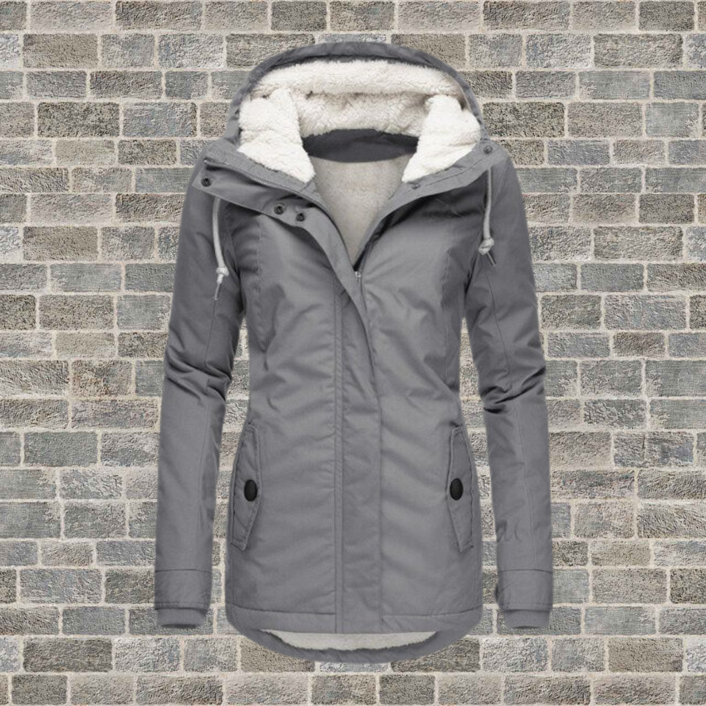 Women's hooded parka jacket with fleece-lined hood and front pockets
