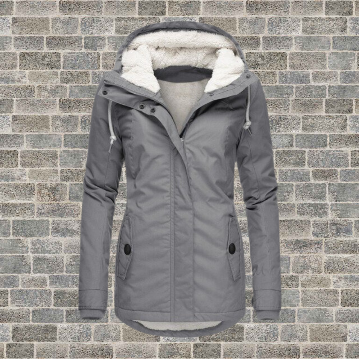 Women's hooded parka jacket with fleece-lined hood and front pockets
