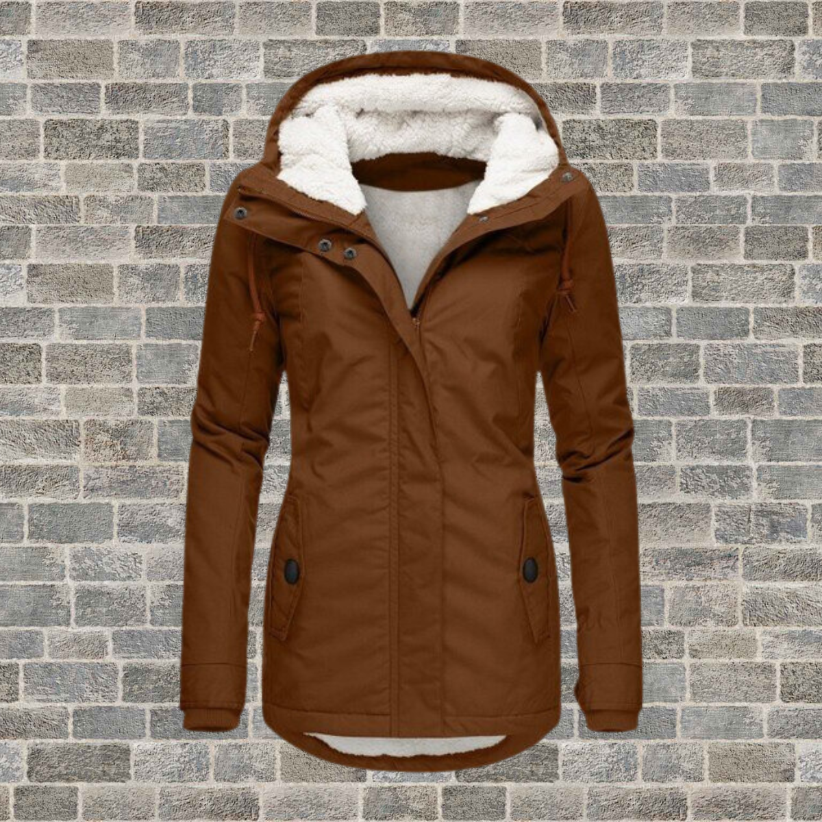 Women's hooded parka jacket with fleece-lined hood and front pockets