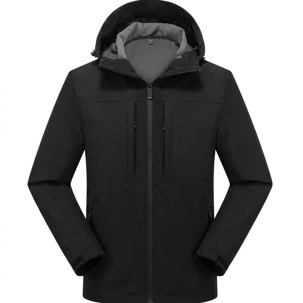 Men's hooded softshell jacket with full-zip front, long sleeves and zipped pockets