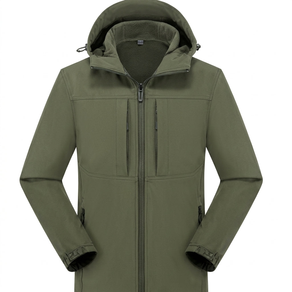 Men's hooded softshell jacket with full-zip front, long sleeves and zipped pockets