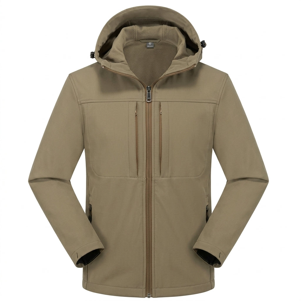Men's hooded softshell jacket with full-zip front, long sleeves and zipped pockets