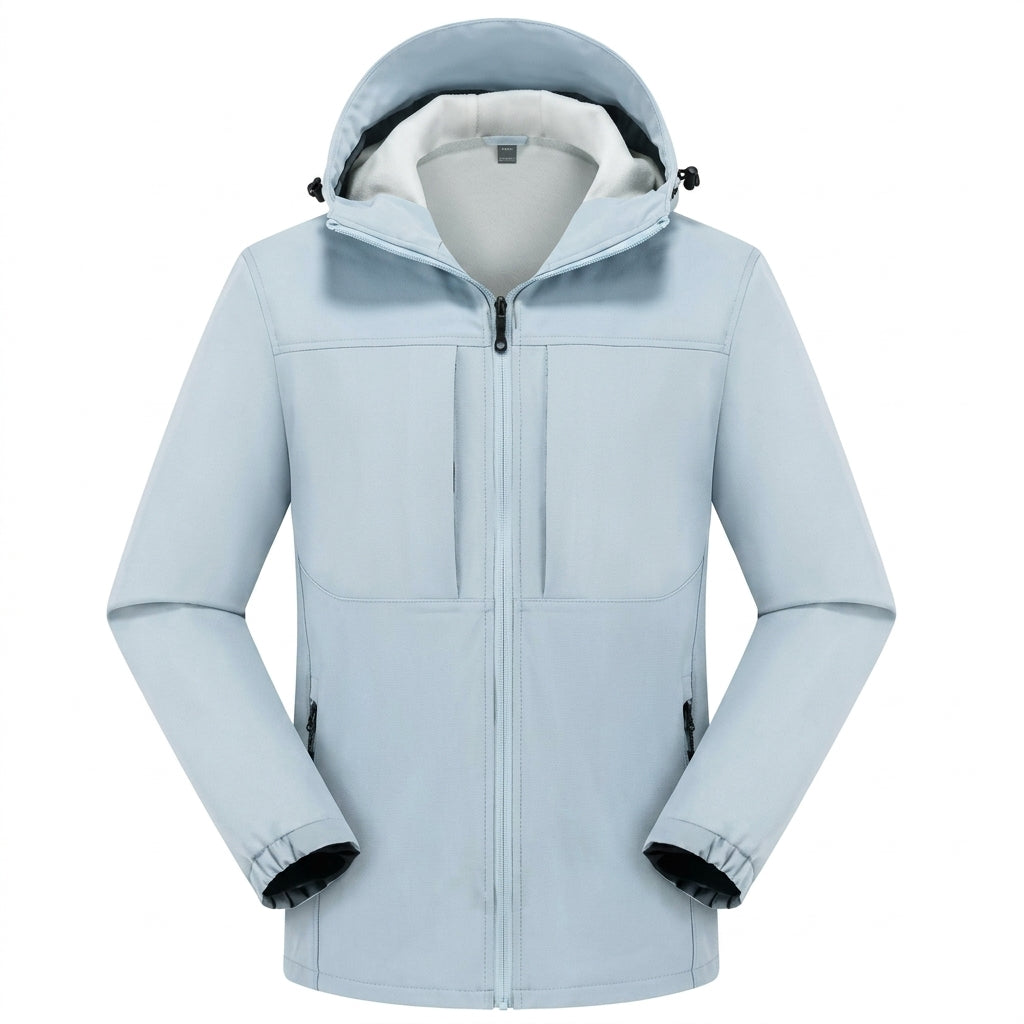 Men's hooded softshell jacket with full-zip front, long sleeves and zipped pockets