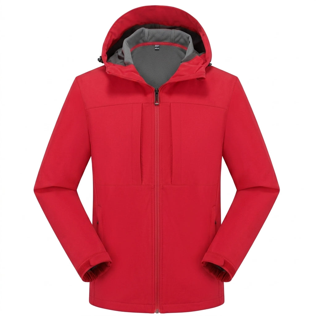 Men's hooded softshell jacket with full-zip front, long sleeves and zipped pockets