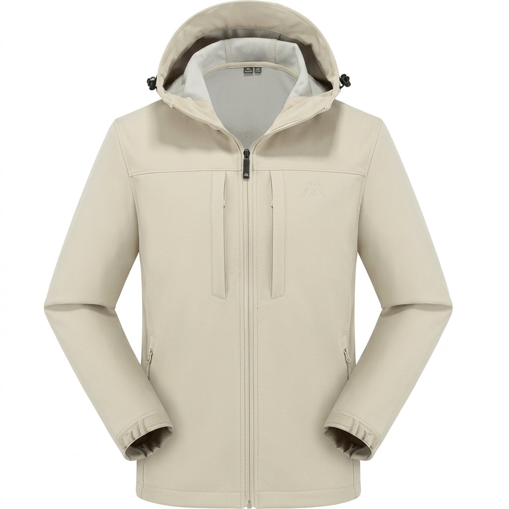 Men's hooded softshell jacket with full-zip front, long sleeves and zipped pockets